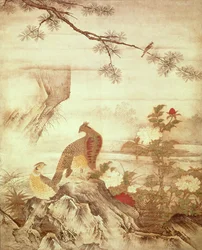 Pheasants and peonies, from a series of scrolls representing Birds and Flowers of the Four Seasons, Muromachi Period